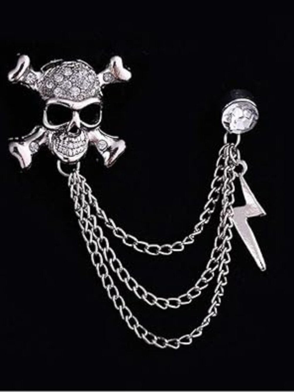 Silver Skull and Crossbones with Rhinestones Brooch Goth Punk Chains NEW